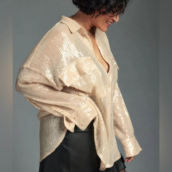 NWT Pilcro Anthropologie sold out spring ivory cream sequin button up shirt - Picture 5 of 7